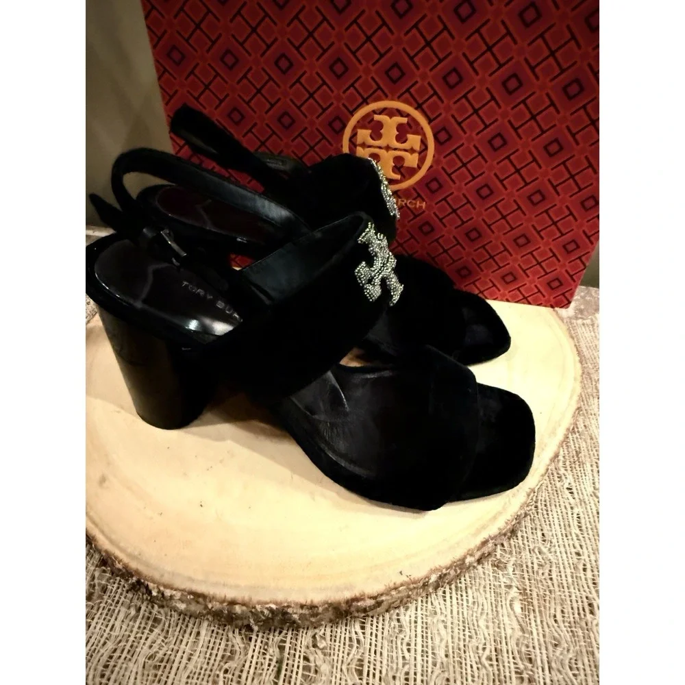 Tory Burch Eleanor Pave Heel Sandal in Black Velvet‎ Leather Rt-428$ Sz-9.5